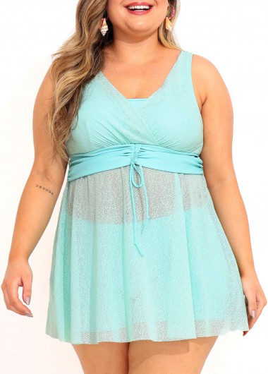 Modlily Plus Size Drawstring Detail Cyan Swimdress and Shorts - 3X