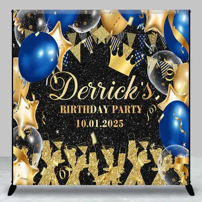 Custom Black Gold Blue Balloon Birthday Backdrop - Aperturee