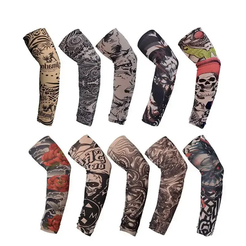 Tattoo Pattern Cooling Arm Sleeves – 10 Pairs UV Protection Ice Silk Arm Covers for Men and Women, Outdoor Sports Cycling R...