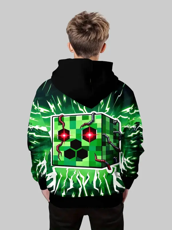 Pixel Lightning Hoodie for Boys, Cool Style Game Theme Scene, Trendy Kids' Clothing, Comfortable and Stylish, Perfect for Cas...