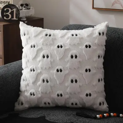 Halloween Themed Cushion Cover, 1 Count Cute Ghost Pattern Decorative Throw Pillow Cover without Filler, Square Halloween  Pi...