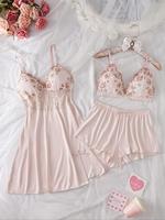 Women's Floral Embroidery Cami Top & Shorts & Cami Dress Pyjama Set, Chic Casual Comfy Camisole & Shorts & Dress Set, Women's...
