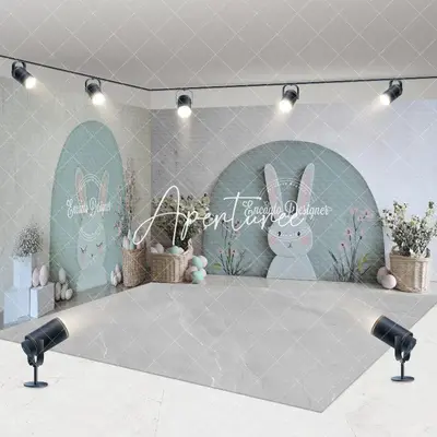 Aperturee Grey Green Wall Bunny Eggs Easter Room Set Backdrop, 7 x 7 ft / 10 x 7 ft / 10 x 7 ft, 247.5 USD, room set backdrop...