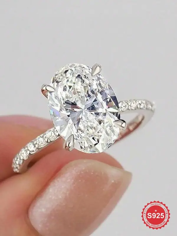 S925 Sterling Silver Oval Shaped Zirconia Ring, Fashion Engagement Ring for Women, Trendy All-match & Exquisite Jewelry for B...