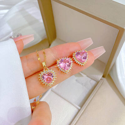 Brass Micro Pave Cubic Zirconia Pendant Necklace & Stud Earrings