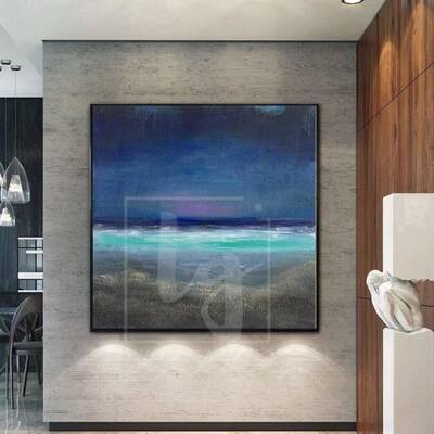 Ocean Painting On Canvas Blue Sky Acrylic Painting Modern Abstract Artwork Blue Sea |  NOCTURNAL OCEAN
