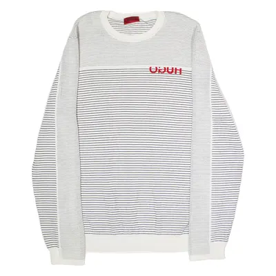 HUGO Subor Mens Patterned Jumper White Striped Crew Neck Tight Knit XL