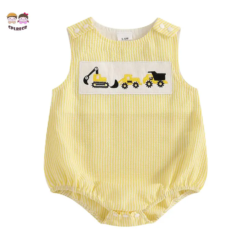 Baby Boys Summer Romper Casual Digger Embroidery Striped Print Sleeveless Jumpsuit for Newborn Toddler Cute Clothes