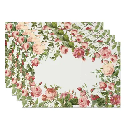Aperturee Romantic Pink Floral Leaves Spring Set Of 4 Placemats, 14x12 Inch, 15.8 USD, NYJY00364-S, placemats