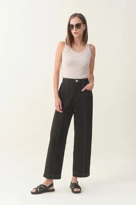 High-waist Linen Wide Pant - Black | Size: XS