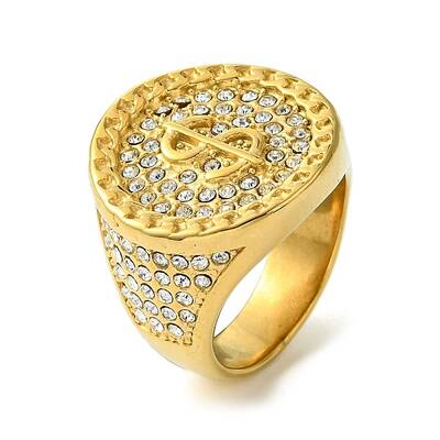 Ion Plating(IP) Flat Round with Dollar Sign 304 Stainless Steel Rhinestone Signet Rings