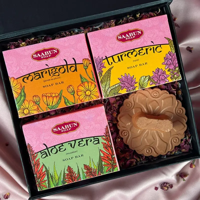 Soap Bar Deluxe Gift Set with 3 Indian Soaps & Terracotta Exfoliator (Tikru)