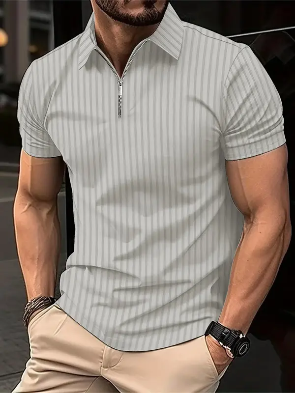 Men's Regular Fit Solid Half Zip Polo Shirt, Casual Short Sleeve Collar Top for Daily Outdoor Wear, National Day Clothing, Fa...