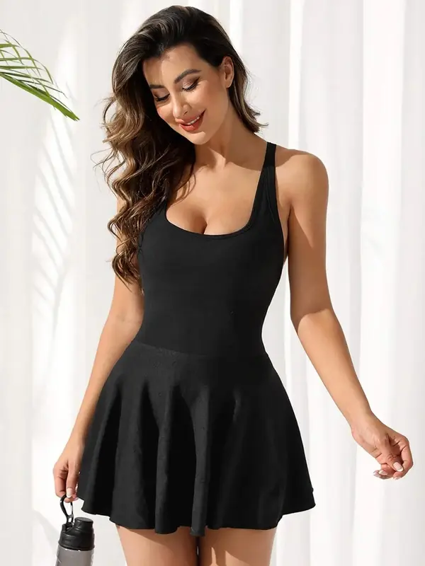 Women's Solid 2 in 1 Sports Dress, Sporty Criss Cross Short Dress for Outdoor Sports, Back To School Ladies Sportswear, Fall ...