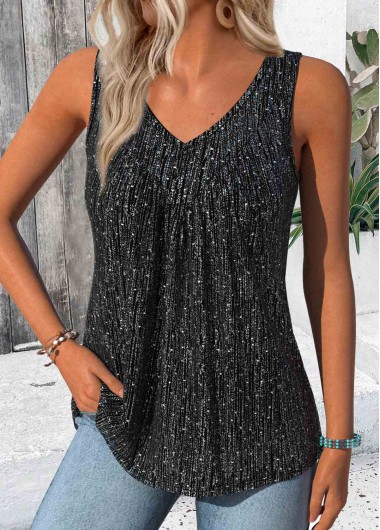Modlily Black Sleeveless V Neck Tank Top - M
