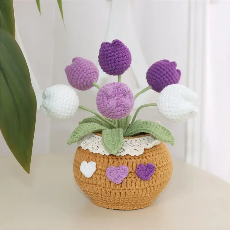 Room Decor Indoor Plants Handmade Crochet Tulip Potted Plant, 1 Count Knitting Tulip Potted Plant, Christmas 2024 Ornament, T...