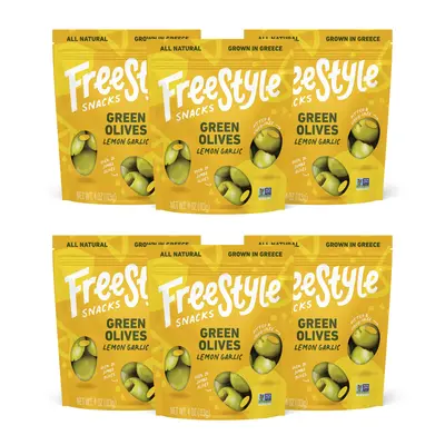 Freestyle Snacks - Pitted Olive Snacks - 6 bags - Lemon Garlic - Tangy flavor - All Natural - Made in Greece - Easy Snack