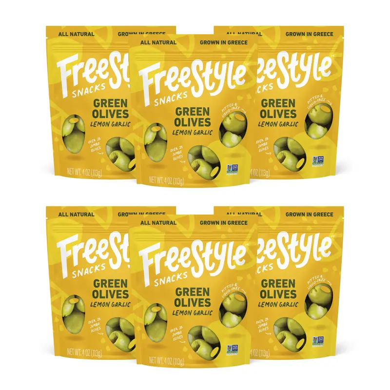 Freestyle Snacks - Pitted Olive Snacks - 6 bags - Lemon Garlic - Tangy flavor - All Natural - Made in Greece - Easy Snack