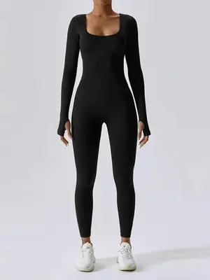 Women's Square Neck Long Sleeve Sports Jumpsuit, Solid Color Skinny Jumpsuit, Ladies Sportswear Clothing for Indoor Outdoor W...