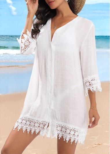 Modlily Button Up Patchwork White Cover Up - L
