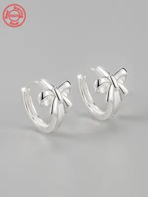 S925 Sterling Silver Cute Bowknot Design Hoop Earrings, Fashionable Earrings for Women & Girls, Trendy All-match & Exquisite ...