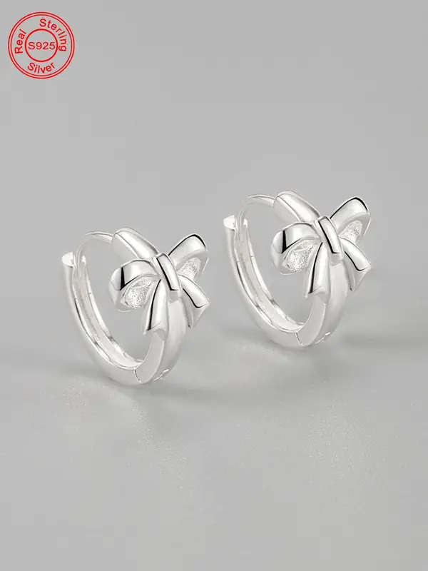 S925 Sterling Silver Cute Bowknot Design Hoop Earrings, Fashionable Earrings for Women & Girls, Trendy All-match & Exquisite ...