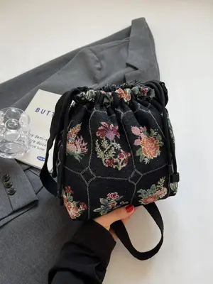 Women's Floral Print Drawstring Design Bucket Bag, Fashionable Crossbody Bag for Daily Life, Casual Trendy Versatile Vintage ...
