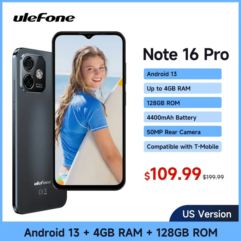 Ulefone Note 16 Pro -Unlocked Mobile Smartphone，US Version-Black Cellphone,4400mAh Battery,50MP AI Camera,12GB (4GB+8Virtua...