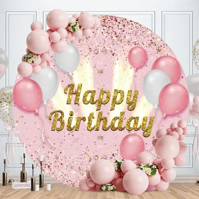 Aperturee Pink Balloon Glitter Happy Birthday Backdrop For Girl | Custom Round Backdrop | Round Party Backdrop | Custom Round...