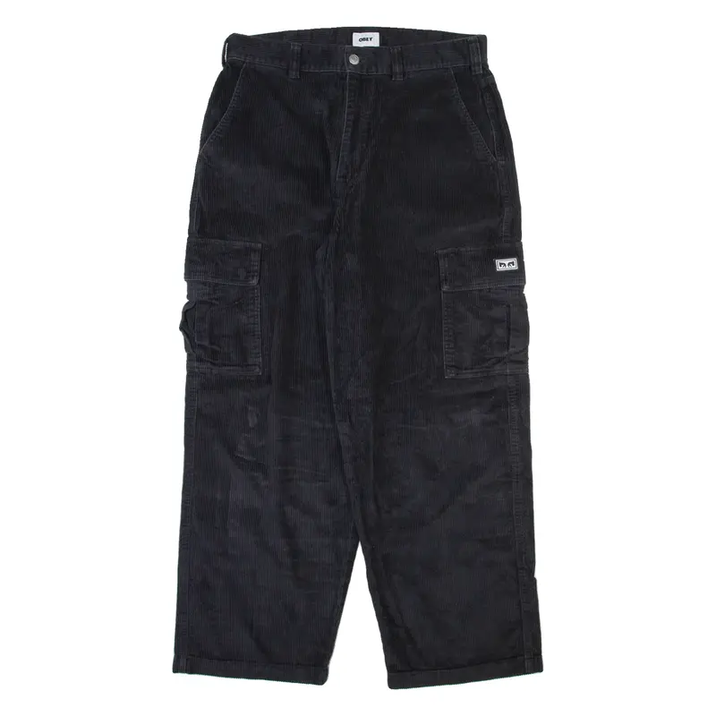 OBEY Cargo Mens Corduroy Trousers Black Relaxed Straight W34 L29
