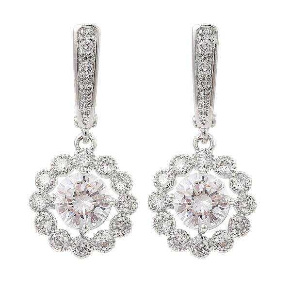 Brass Pave Cubic Zirconia Flowerl Hoop Earrings for Women