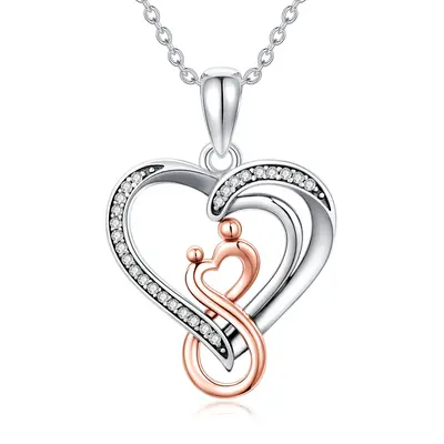 Sterling Silver Two-tone Circular Shaped Cubic Zirconia Heart & Infinity Symbol Pendant Necklace