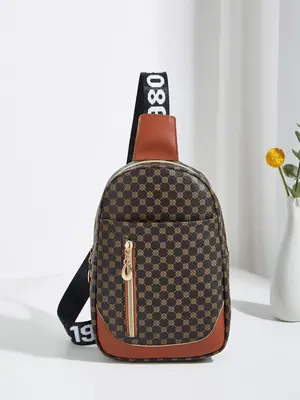 Men's Fashion Fully Printed Zipper Waist Bag, Retro Geometric Pattern Pu Leather Chest Bag with Adjustable Wide Shoulder Stra...