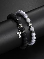 Natural Stone Beaded Bracelet, Fashion Cross Charm Decor Beaded Bracelet for Women & Men, Trendy All-match & Exquisite Jewelr...