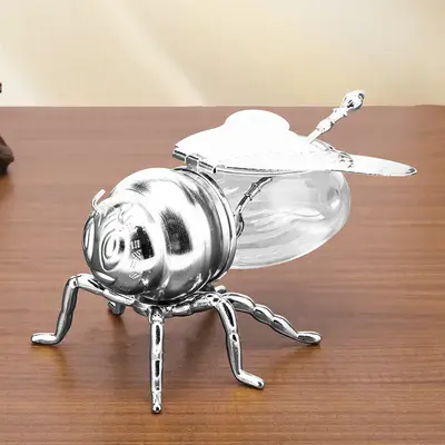 Classical Style Bee Sugar Bowl Seasoning Jar With Spoon Metal Crafts Kitchen Gadgets | Color: Silver