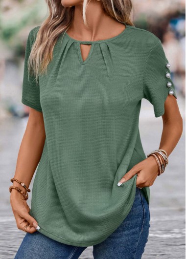 Modlily Sage Green Cut Out Short Sleeve Round Neck Blouse - XL