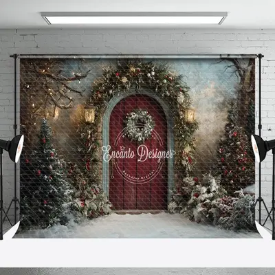 Aperturee Retro Red Door Snowy Trees Christmas Photo Backdrop - Aperturee
