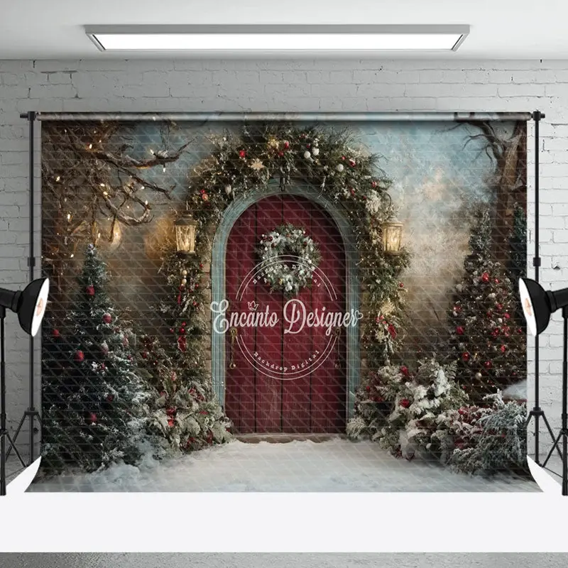 Aperturee Retro Red Door Snowy Trees Christmas Photo Backdrop - Aperturee