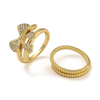 Bowknot Brass Micro Pave Clear Cubic Zirconia Double Rings