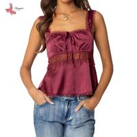 Women Babydoll Tank TopsLace Trim Square Neck Sleeveless Backless Crop Shirt Summer Streetwear