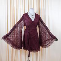 Sheer Lace Wrap Dress, Boho 90s Flowy Mini Dress with Ruffle Sleeve, Bohemian Summer Dress, Vintage Witchy Outfit, Flowy Slee...