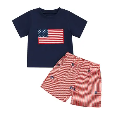 Toddler Boys Independence Day Outfits Flag Embroidery Round Neck Short Sleeve Tops Stripe Elastic Waist Shorts 2Pcs Clothes S...