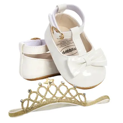Baby Girl’s PU Toddler Shoes, or Fashion Solid Color Bow Rubber Sole Casual Shoes and Headband Set 0-18 Months