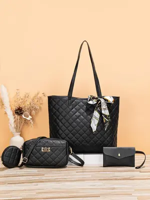 Silk Scarf Bow Decor Quilted Tote Bag Set, Large Quilted Pattern Shoulder Bag, Adjustable Shoulder Strap Messenger Square Wri...