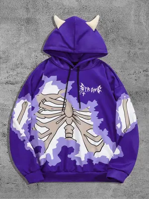 Men's Skeleton & Cross Halloween Graphic Drop Shoulder Demon Design Hoodie, Regular Fit Fashion Casual Drawstring Hooded Swea...