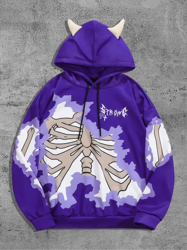 Men's Skeleton & Cross Halloween Graphic Drop Shoulder Demon Design Hoodie, Regular Fit Fashion Casual Drawstring Hooded Swea...