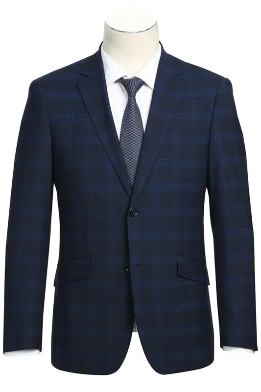 Dark Navy Windowpane Plaid Slim Fit Two-Button Men's Suit