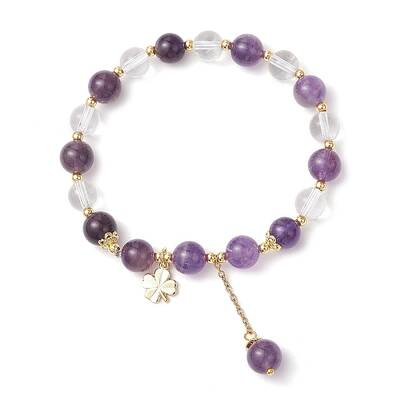 Natural Quartz Crystal & Amethyst Round Beaded Stretch Bracelets