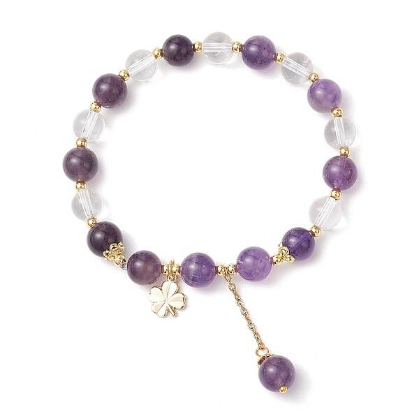 Natural Quartz Crystal & Amethyst Round Beaded Stretch Bracelets