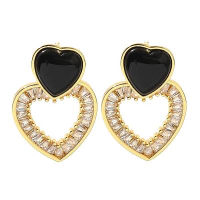 Brass Cubic Zirconia & Black Agate Stud Earrings